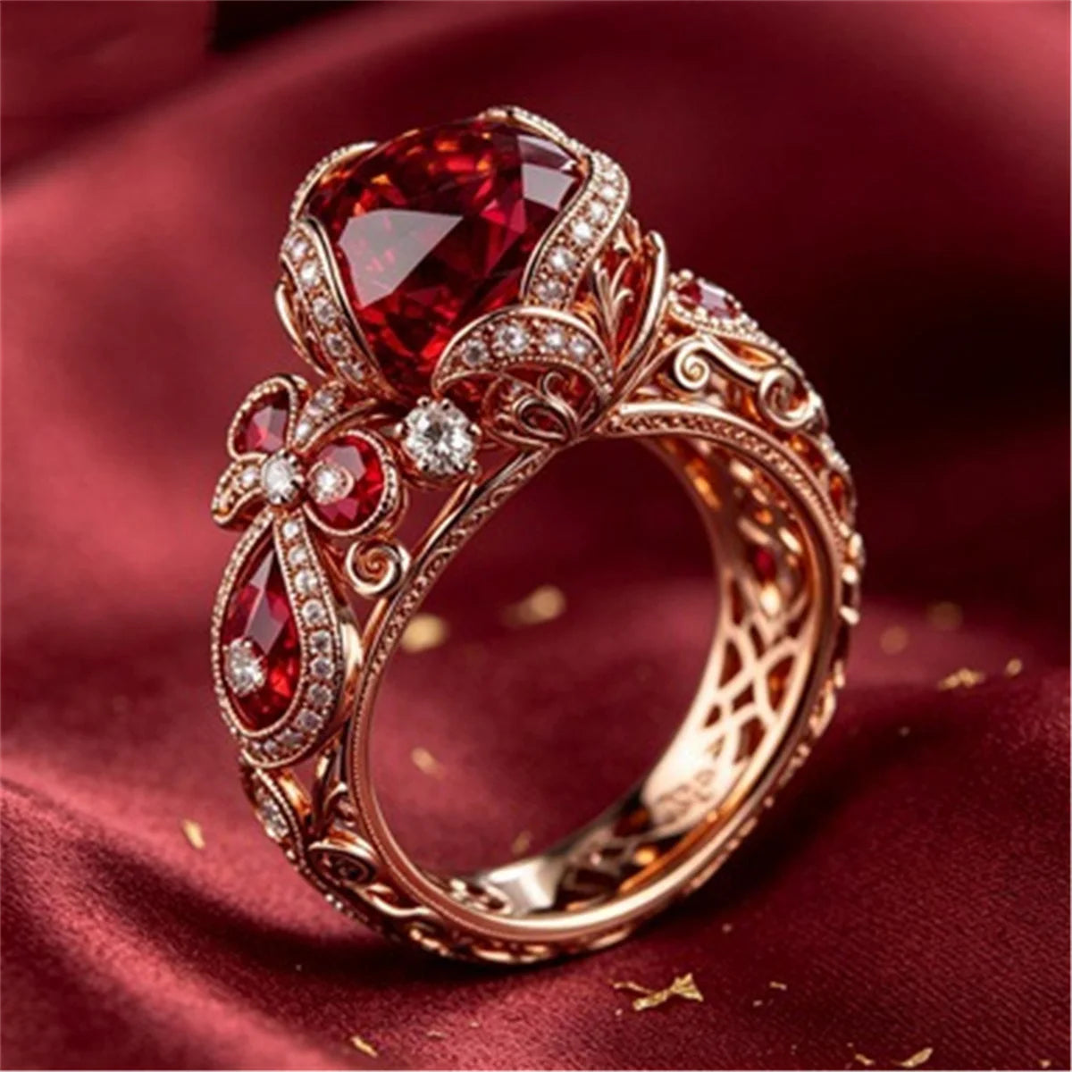 Small Exquisite Flower Charm Elegant Red Zircon Stone Ring