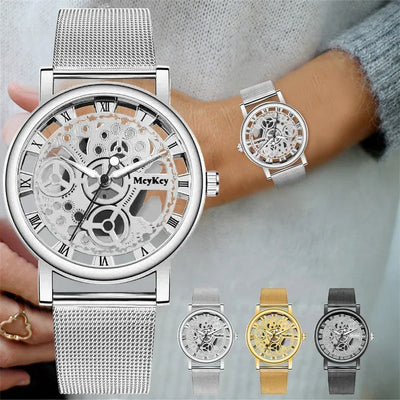 Skeleton mechanical watch with mesh band, Roman numerals, shown in silver, gold, and black.