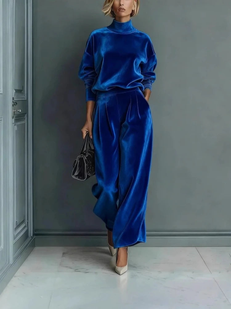 High Collar Gold Velvet Long Sleeve Casual Sports Wide Leg Set