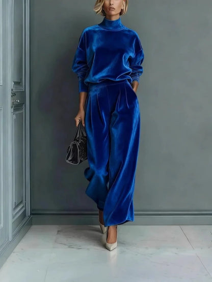 High Collar Gold Velvet Long Sleeve Casual Sports Wide Leg Set
