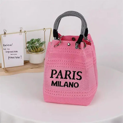 Letter Print Hollow Knit Bucket Lightweight Woven Handbag Small Tote Bag