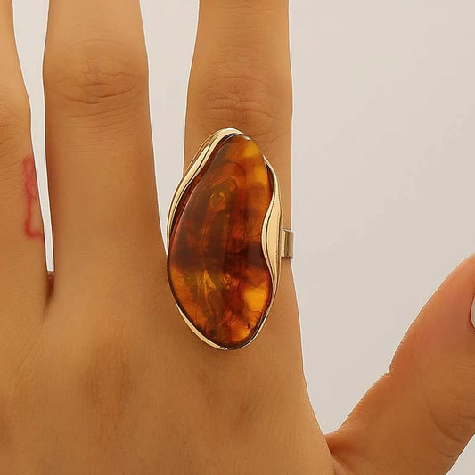 Brown Green Beige Resin Geometric Ring Vintage Gold Open Finger Rings