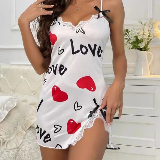 Printed Love Letter Black Sling Dress Pyjama