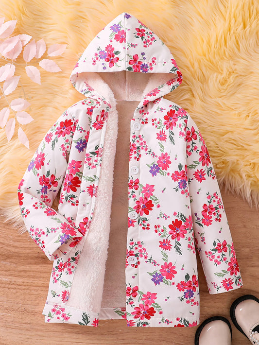Fall/Winter Girls' Fleece Hooded Single-Breasted Floral Print Coat