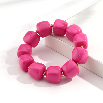 Pink Square Breaded Elastic Resin Geometric Beads Stretch Cuff Bangle Bracelets