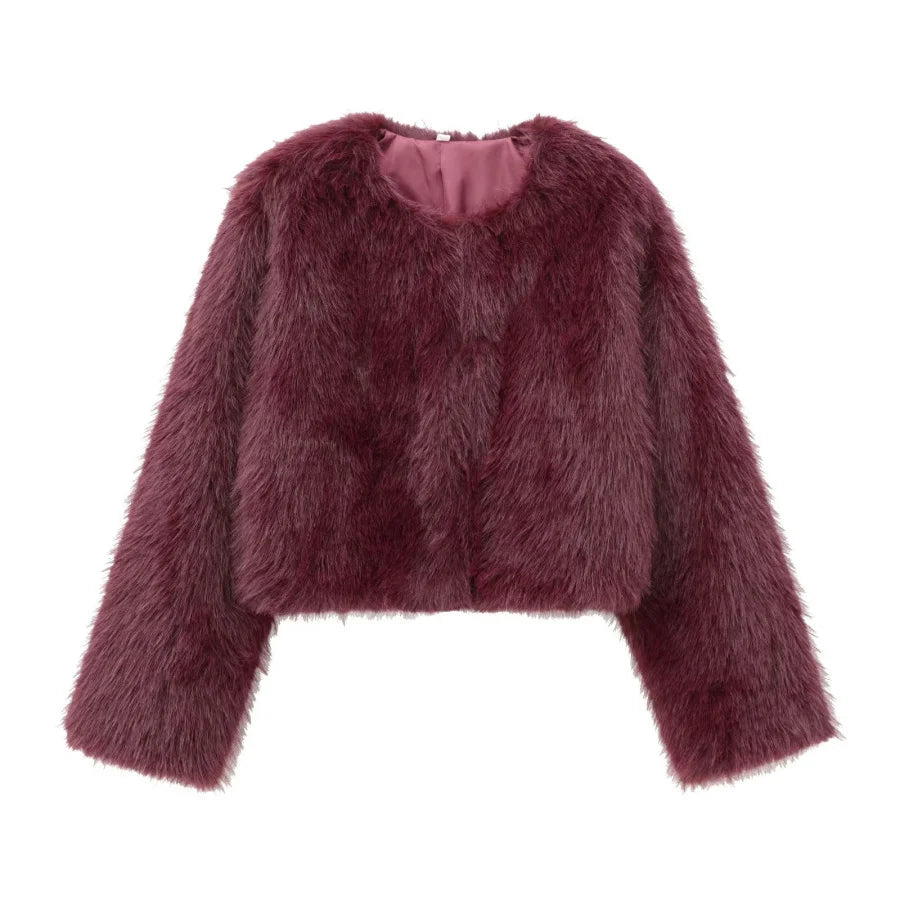 Faux fur Fall/Winter Effect Round Neck Long Sleeve Short Jacket