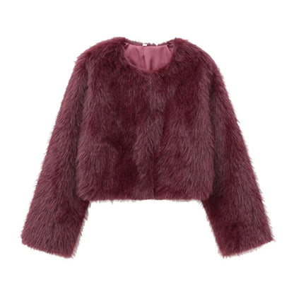 Faux fur Fall/Winter Effect Round Neck Long Sleeve Short Jacket