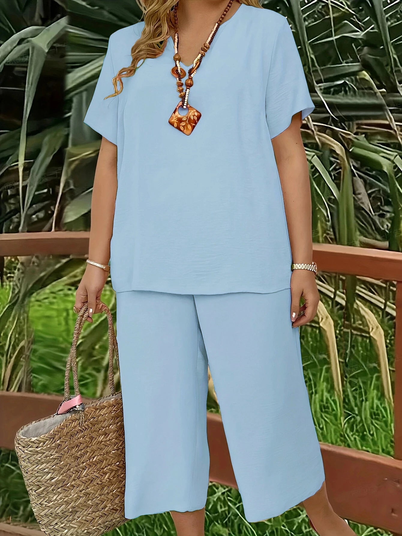 Plus size casual elegant short-sleeved top and wide-leg pants