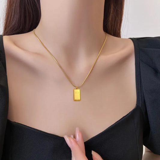 Bullion Bar Stainless Steel Golden Cube Brick Pendant Necklaces