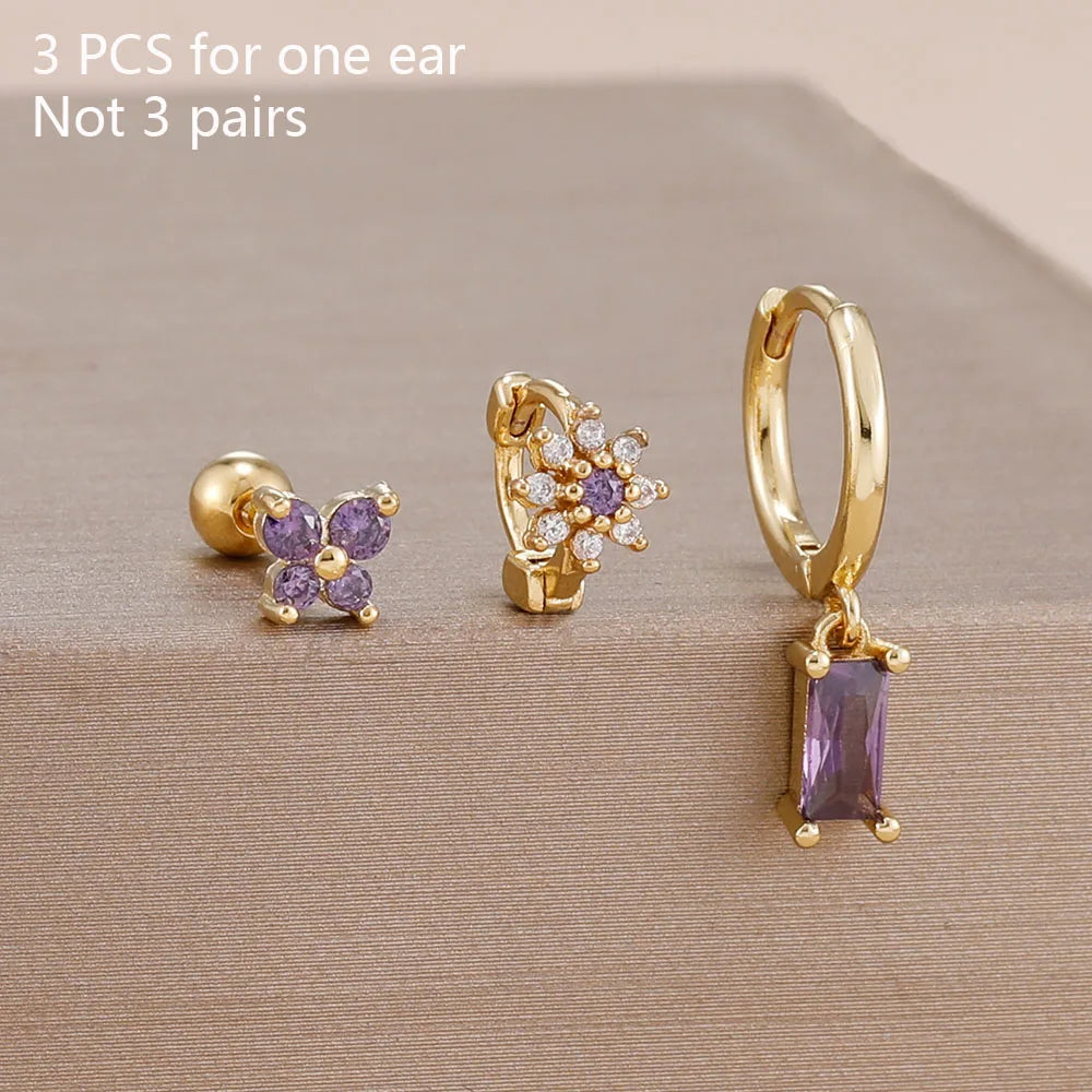 14K Gold Plated Zircon Square Hoop Stainless Steel Butterfly Stud Earring Set