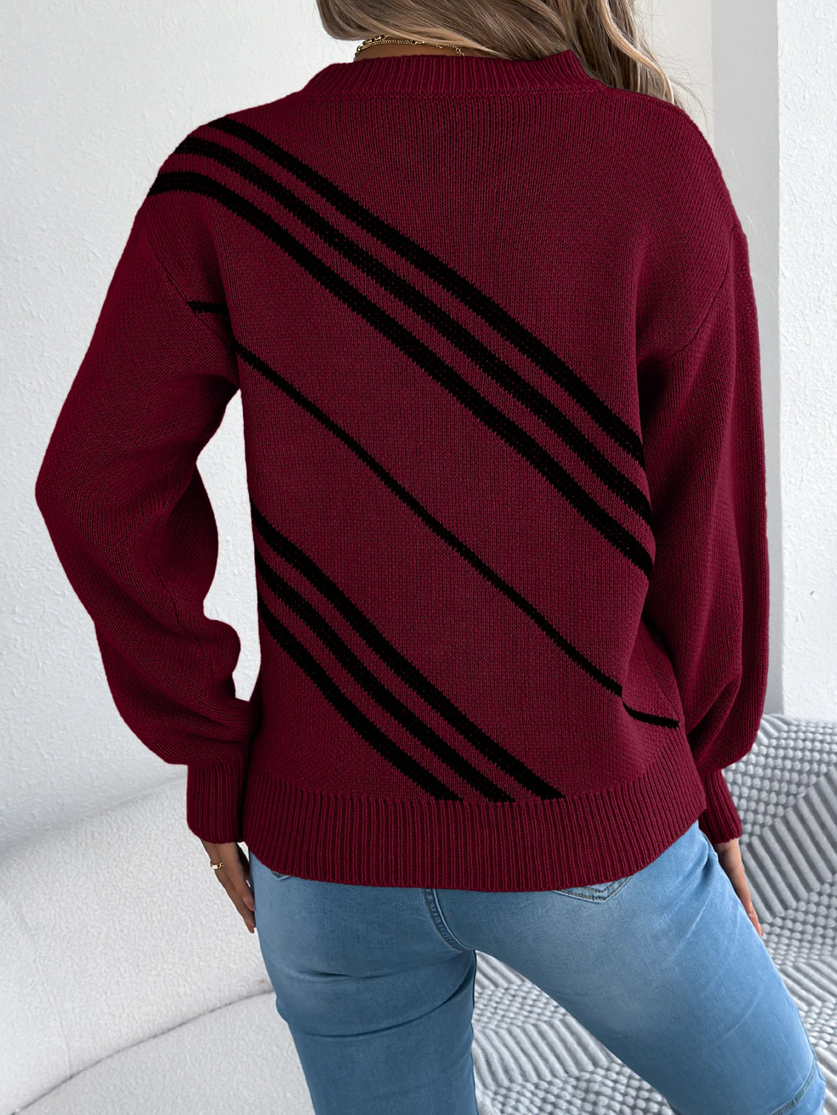 Twill Texture Color Block Round Neck Long Sleeve Cabin Core Knit Pullover
