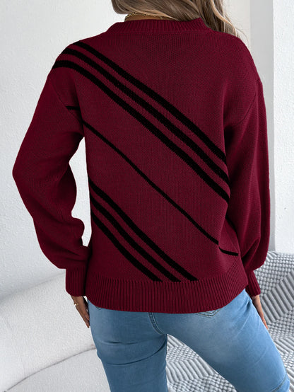 Twill Texture Color Block Round Neck Long Sleeve Cabin Core Knit Pullover