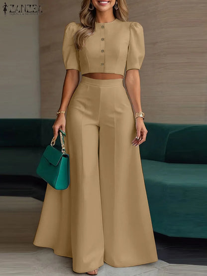 Conjunto de pantalón y pantalón de pierna ancha con manga corta abullonada