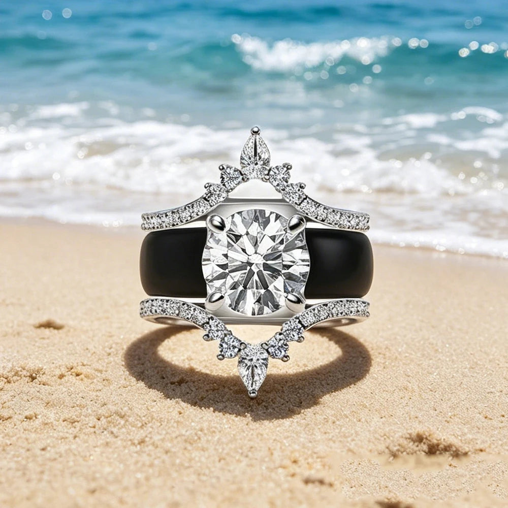 3pcs Pear Shaped Diamond Simulant Crown Black Silicone Ring Set