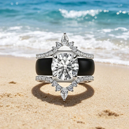3pcs Pear Shaped Diamond Simulant Crown Black Silicone Ring Set