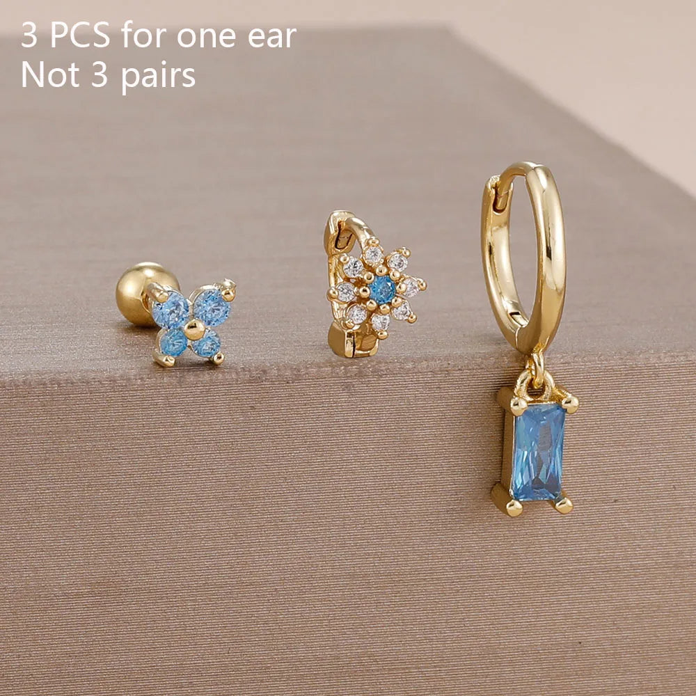 14K Gold Plated Zircon Square Hoop Stainless Steel Butterfly Stud Earring Set