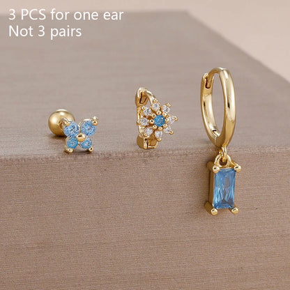 14K Gold Plated Zircon Square Hoop Stainless Steel Butterfly Stud Earring Set