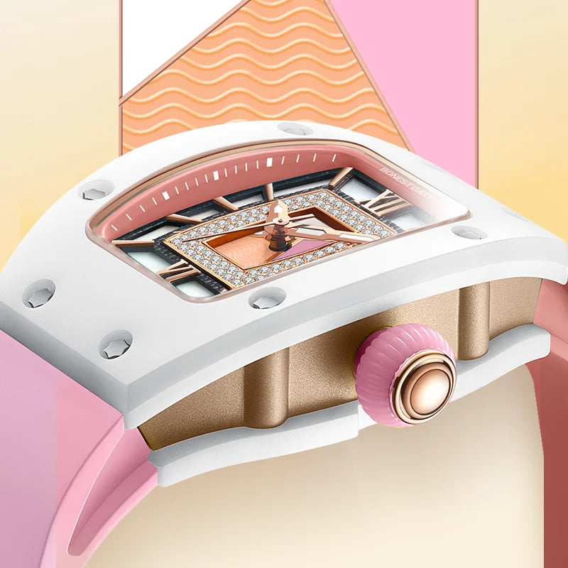 Automatic Ceramic Case Diamond Dial Silicone Strap Waterproof Wristwatch