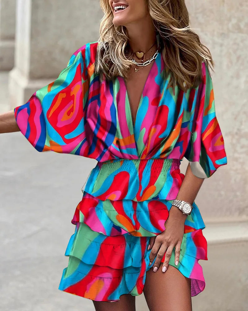 Batwing Sleeve Mini Casual Ruffle Dress