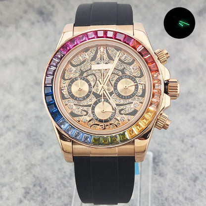 Movement Quartz Chronograph Sapphire Glass Gemstone Dial Luxury Waterproof Wristwatch