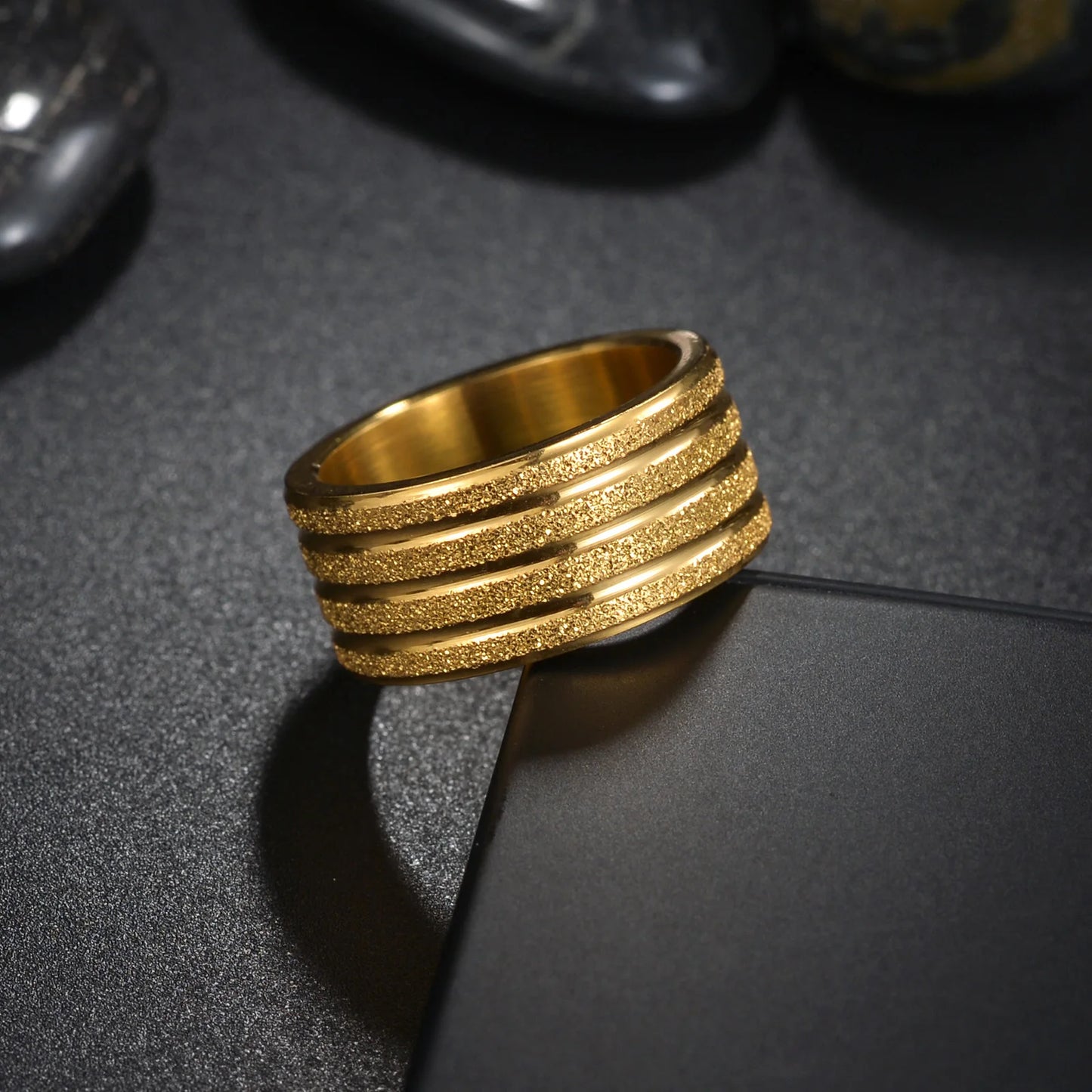 Wide Frosted Golden Titanium Steel Ring