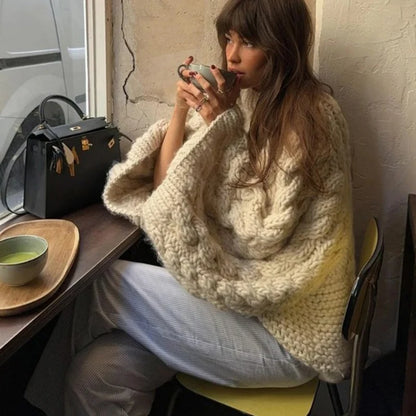 Oversize Knit Pullover Casual Lazy Round Neck Kink Solid Sweater