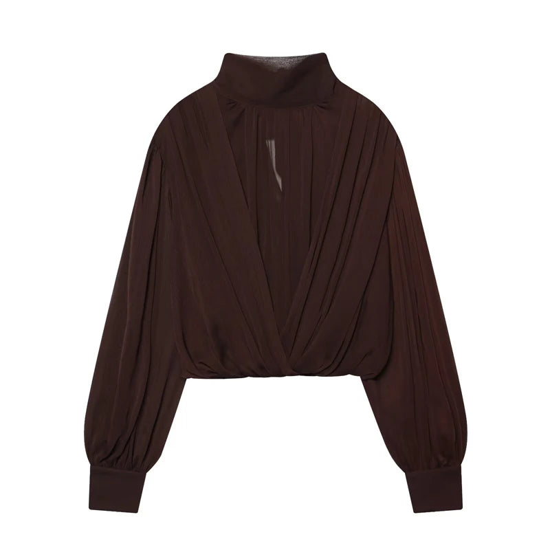 Black Bow Tie Neck Blouse Sheer Puff Sleeve Cropped Chiffon T-Shirt