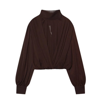 Black Bow Tie Neck Blouse Sheer Puff Sleeve Cropped Chiffon T-Shirt