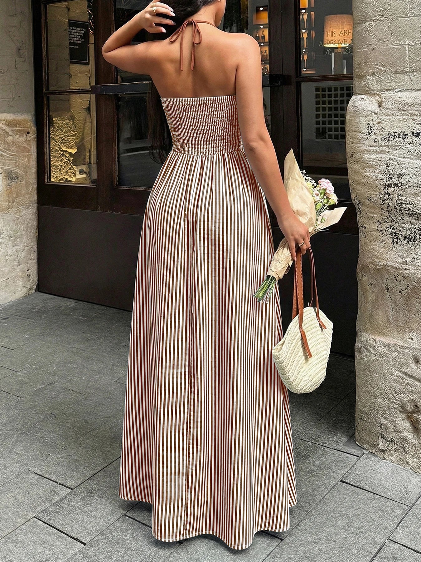 Deep V-neck Striped Sexy Backless Sleeveless Neckline Long Dress