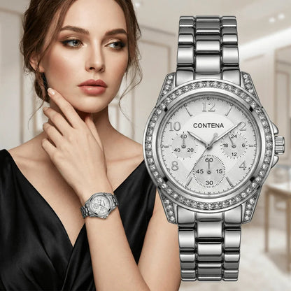 Luxury Stainless Steel Rhinestone Quartz Wristwatch