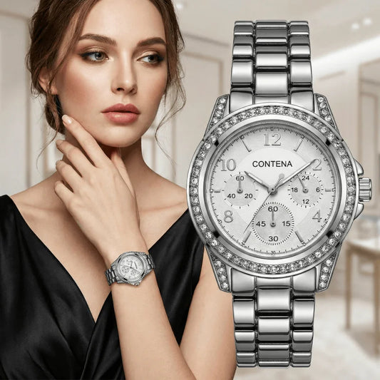 Luxury Stainless Steel Rhinestone Quartz Wristwatch