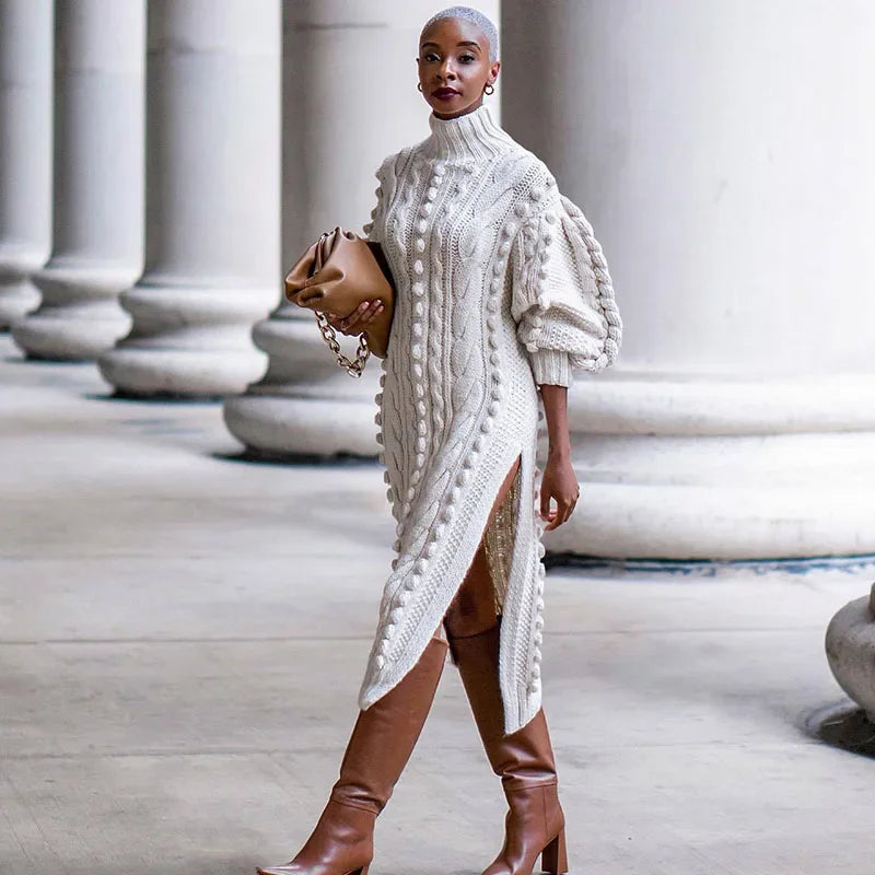 Long Sleeve Ribbed Knitted Stretchy Midi Dresses