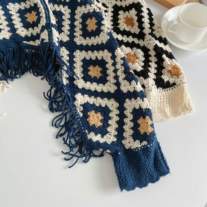 Granny Square Top Fringed Crochet Knitted Top Batwing Sleeve Pullover Sweater