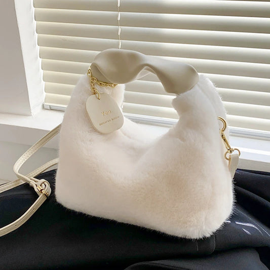 Faux Fur Plush Ruched Handle Small Shoulder Crossbody Bag