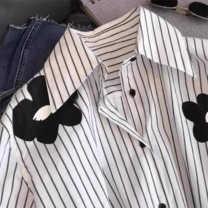 Flower Stripe Long Sleeved Loose Shirt