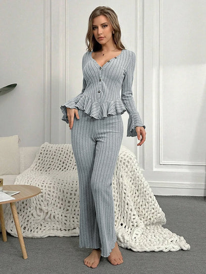 Sexy V Neck Long Sleeve Pyjamas Set