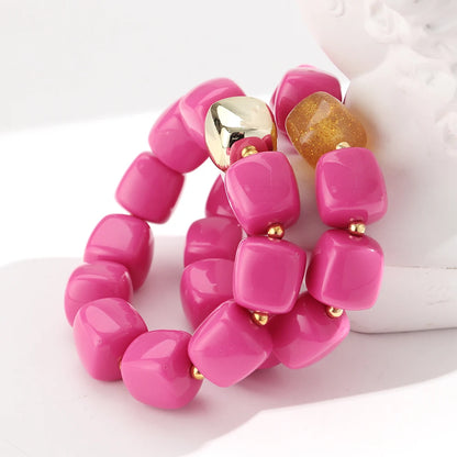 Pink Square Breaded Elastic Resin Geometric Beads Stretch Cuff Bangle Bracelets