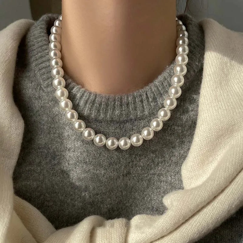 Imitation Pearl Magnet Round Buckle Beadeds Necklace Jewelry