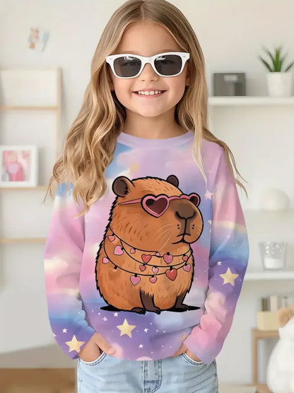 Cartoon Animal Capybala O-Neck Tops Long Sleeve Hoodies