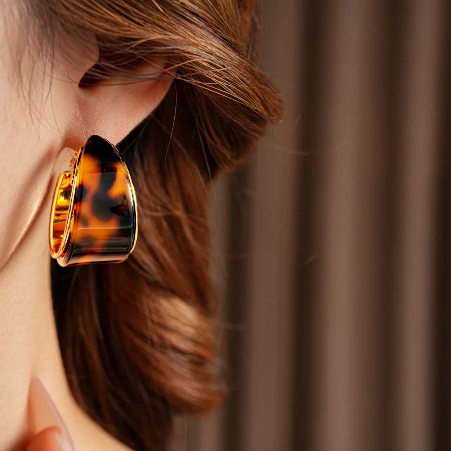 Gold Plated Resin Round Ear Buttons Geometric Leopard Hoop Earrings