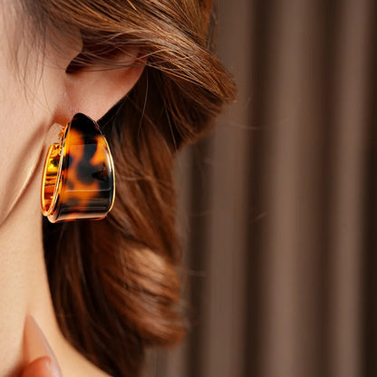 Gold Plated Resin Round Ear Buttons Geometric Leopard Hoop Earrings