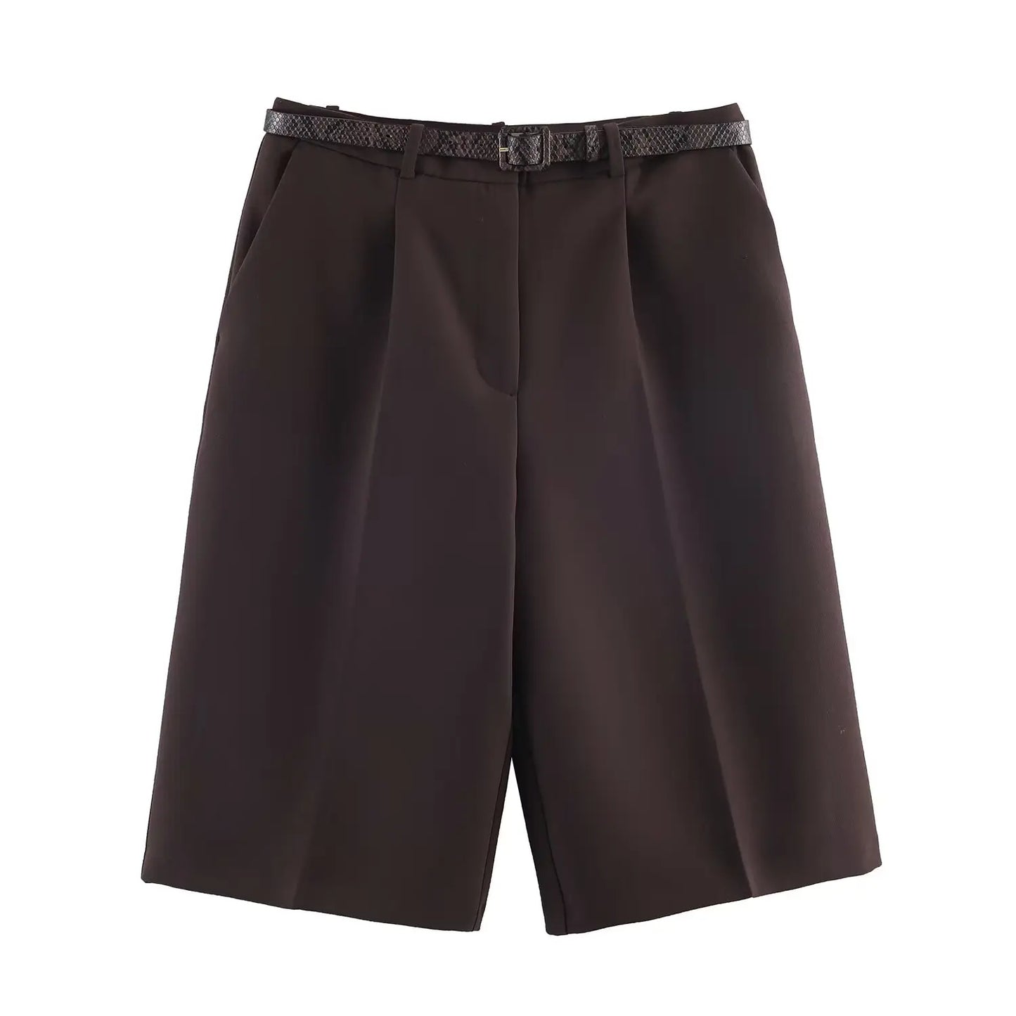 Long Style Casual Shorts Vintage High Waist With Belt Shorts