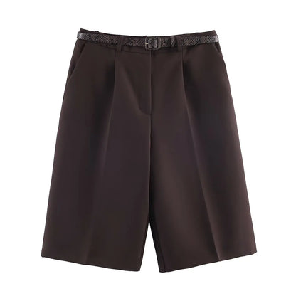 Long Style Casual Shorts Vintage High Waist With Belt Shorts