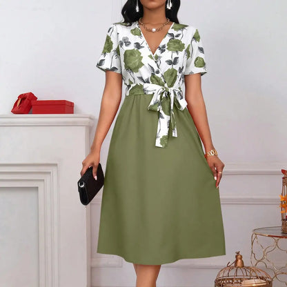 Floral Print V-Neck Tie Waist Midi Dress