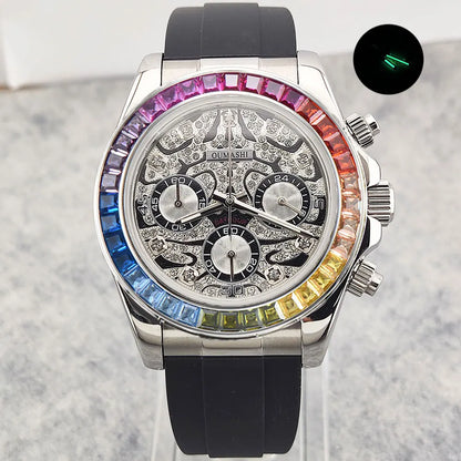 Movement Quartz Chronograph Sapphire Glass Gemstone Dial Luxury Waterproof Wristwatch