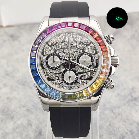 Movement Quartz Chronograph Sapphire Glass Gemstone Dial Luxury Waterproof Wristwatch
