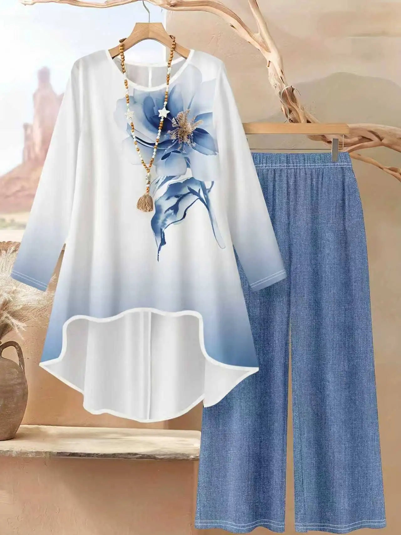 Loose Fitting Round-Neck Long-Sleeve Floral Print Wide-Leg Pants Set