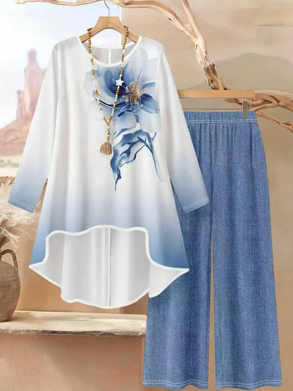 Loose Fitting Round-Neck Long-Sleeve Floral Print Wide-Leg Pants Set