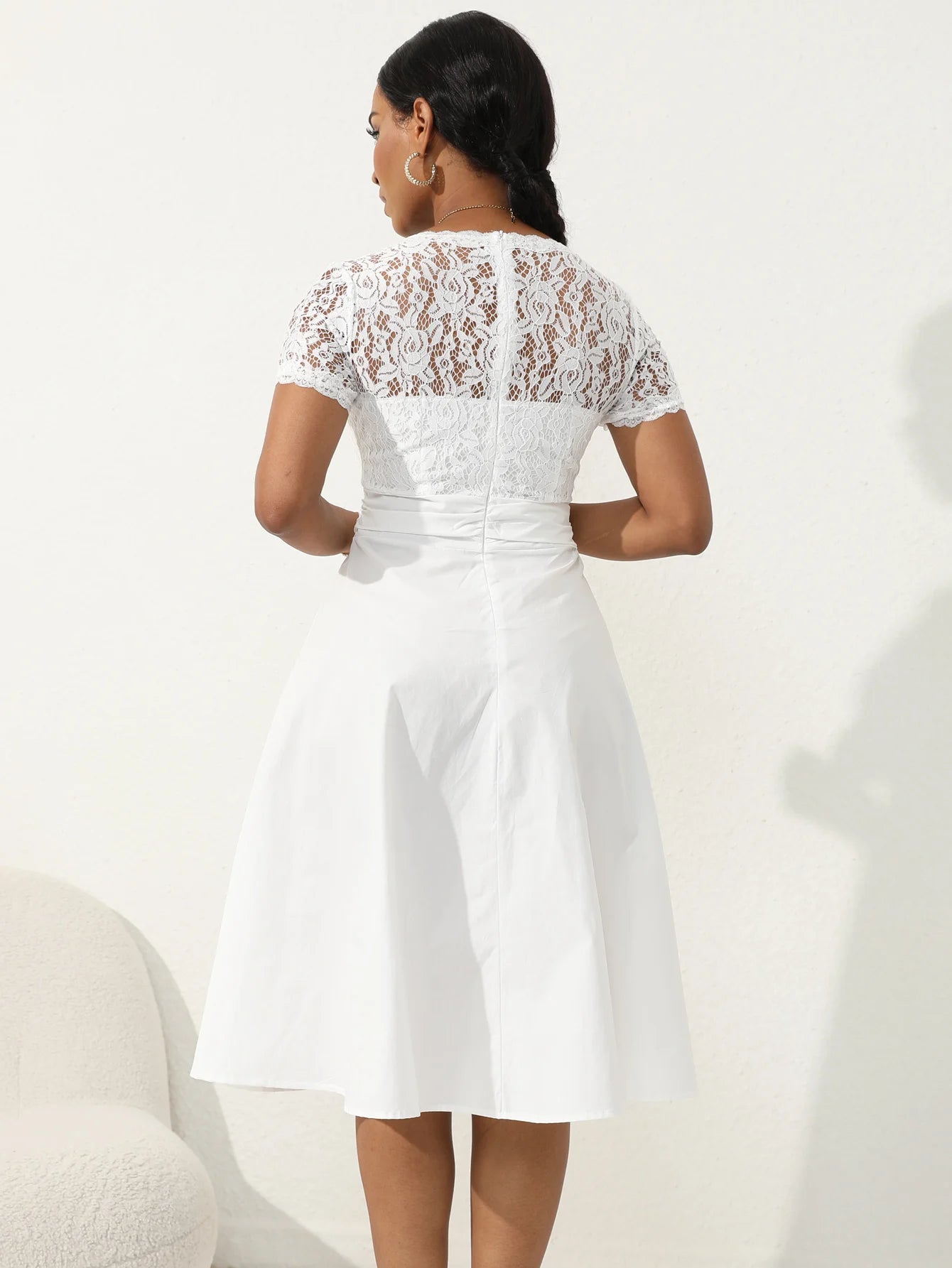 Vintage Floral Lace V Neck Short Sleeve Cocktail Midi Dress