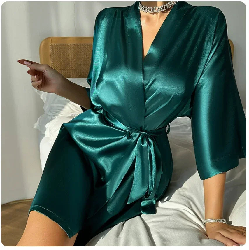Lace-up bathrobe sexy ice silk robe
